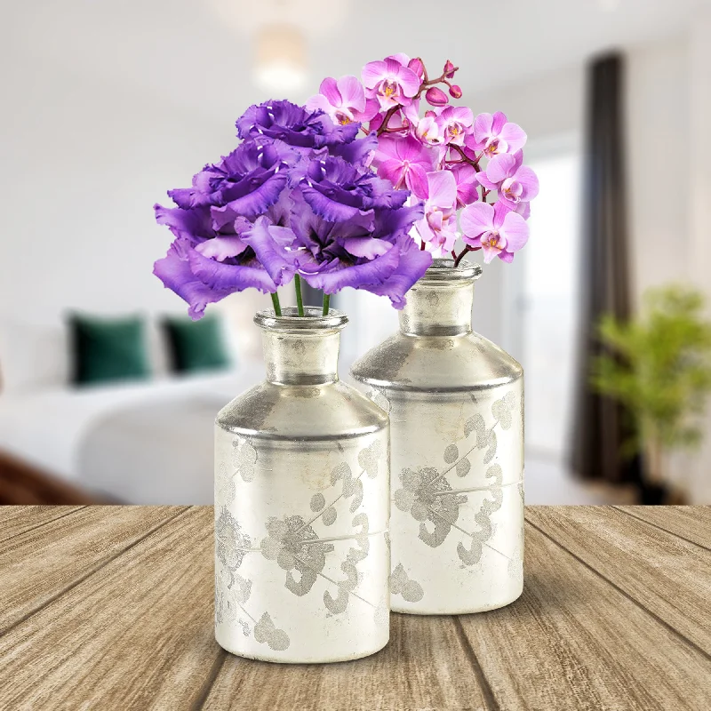 Luxury glass vases for home floral displays -Mercury Glass Etched Bottle Vases