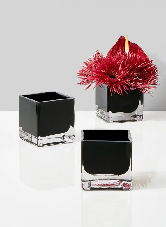 Simple modern flower vases for table decor -Modern Black Glass Cubes