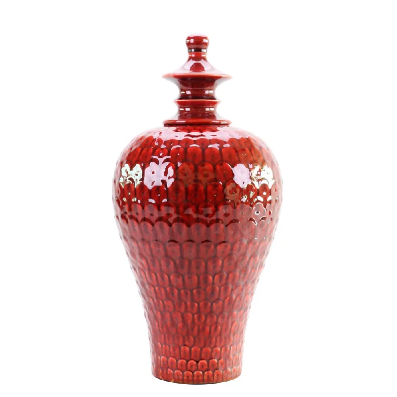 Simple designer flower vases for modern dining tables -Scalloped Textured Medium Scarlet Red Urn