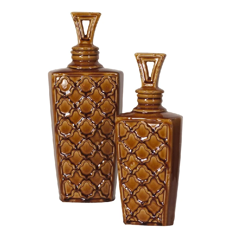 Tall decorative vases for home and office decor -Textured Mocha Brown Vases with Lids (Set of 2)