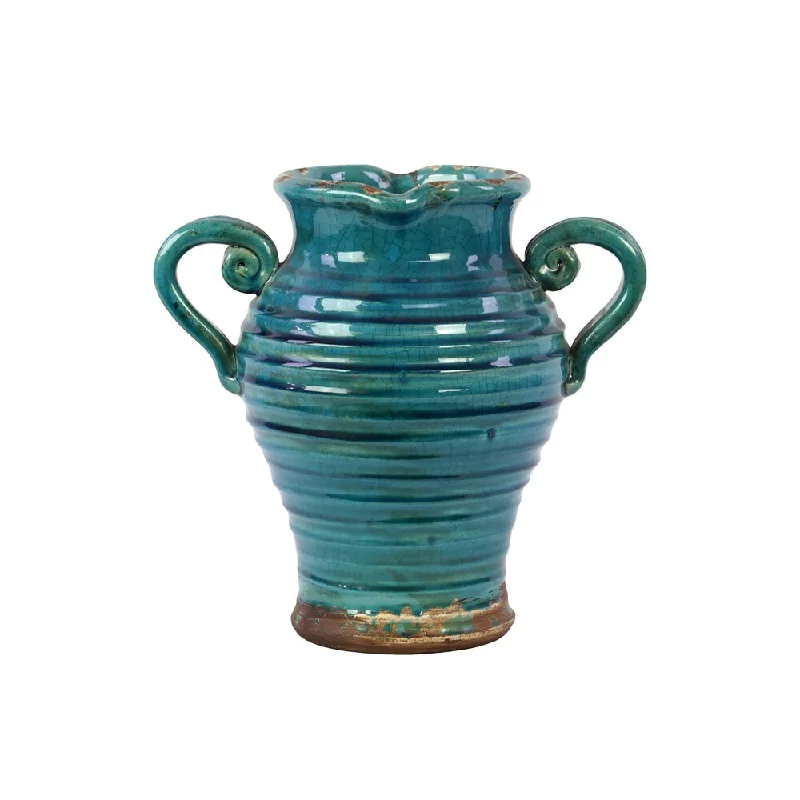 Designer crystal flower vases for elegant weddings -Tuscan Turquoise Double-handled Ceramic Vase