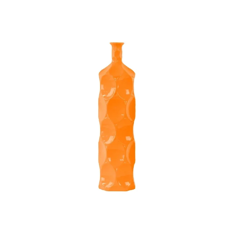 Tall flower vases for contemporary living rooms -UTC24404: Ceramic Round Bottle Vase with Dimpled Sides LG Gloss Finish Orange