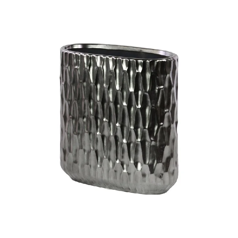 Unique modern vases for flower arrangements -UTC31703: Ceramic Tall Stadium Shaped Vase with Embossed Hexagonal Design Matte Finish Black Chrome Silver