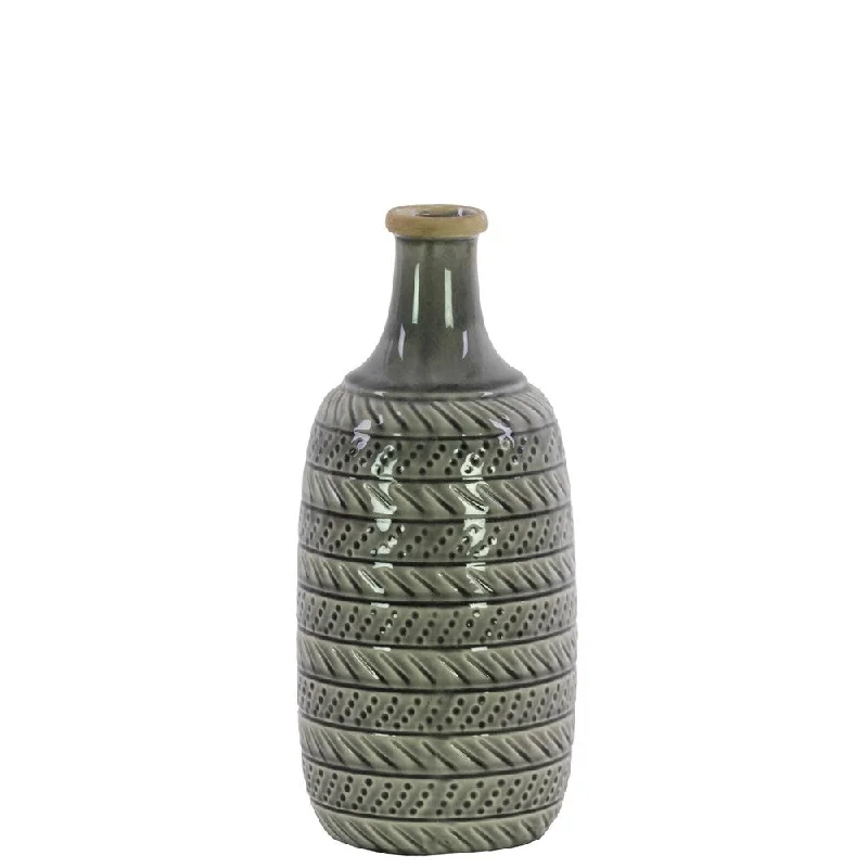 Elegant vases for home flower arrangements -UTC50147: Ceramic Bottle Vase with Lid, Long Neck and Engraved Paralled Design Body SM Gloss Finish Light Gray