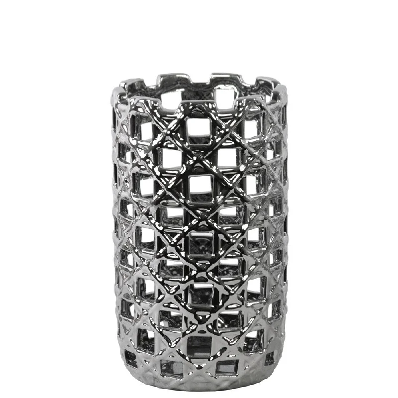 Modern flower vases for dining table arrangements -UTC50547: Ceramic Round Cylindrical Vase with Square Cutout Design SM Polished Chrome Finish Silver