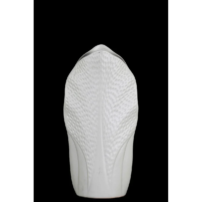 Large decorative ceramic vases for flower arrangements -UTC52716: Ceramic Pyramidal Vase with Engraved Circle Design Body and Tapered Bottom MD Coated Finish White