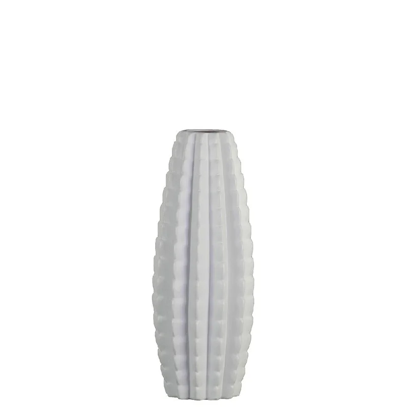 Tall ceramic flower vases for home floral arrangements -UTC53004: Ceramic Tall Bellied Cylinder Vase with Embedded Wave Design Body and Tapered Bottom MD Matte Finish White