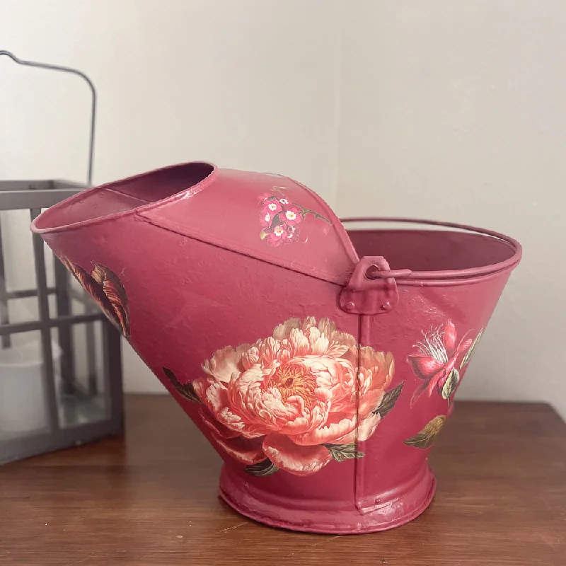 Handcrafted ceramic vases for elegant home decor -Vintage Coal Bucket - Red Floral