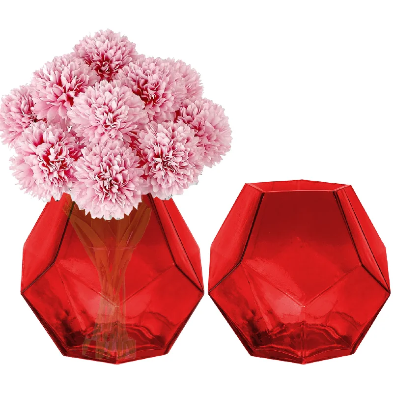 Affordable glass vases for home floral decoration -Pack of 12 PCS Red Glass Geometric Vase O-3.25" D-6"