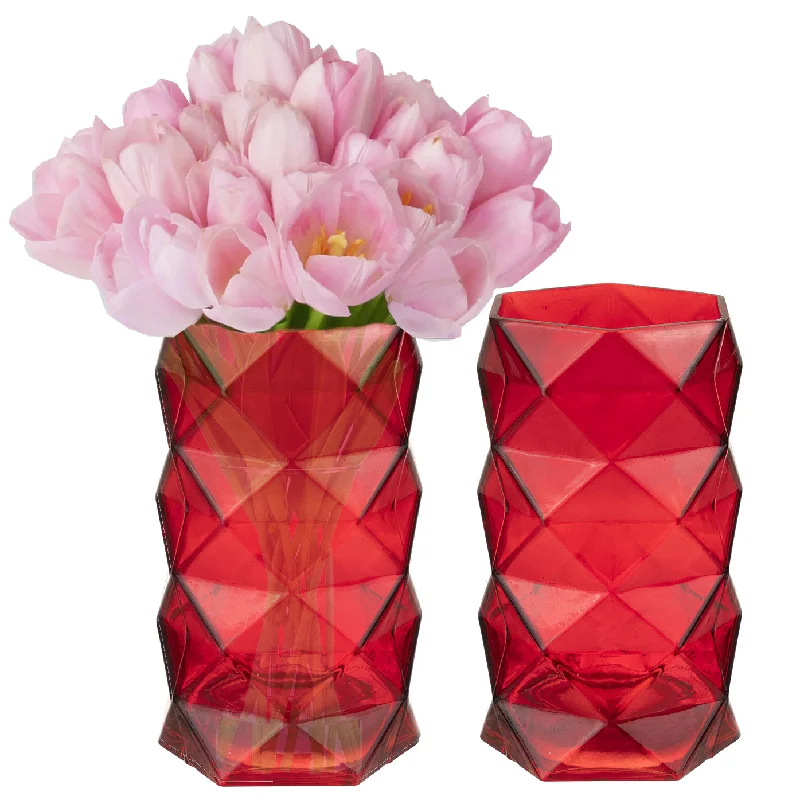 Tall decorative vases for modern weddings -Pack of 6 PCS Red Glass Geometric Vase O-3.75" D-8"