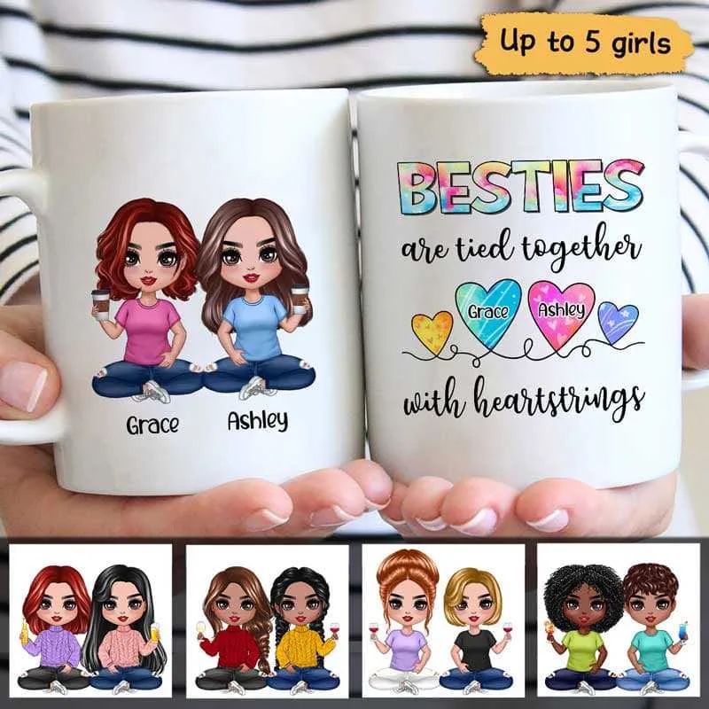 funny tea mugs with animal designs-Besties Sisters Friends Heartstrings Personalized Mug