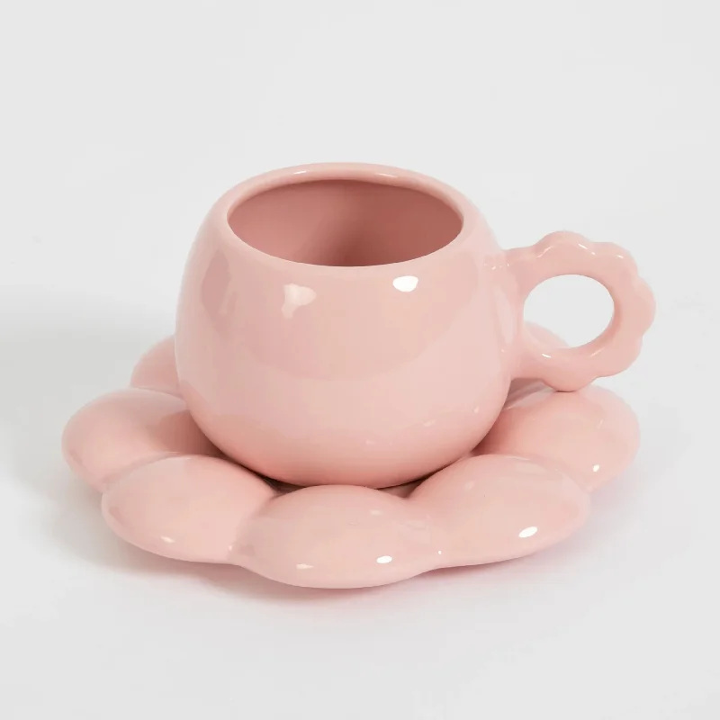 insulated coffee mugs for cold weather-Botanica Ceramic Tea Cup & Saucer Pink