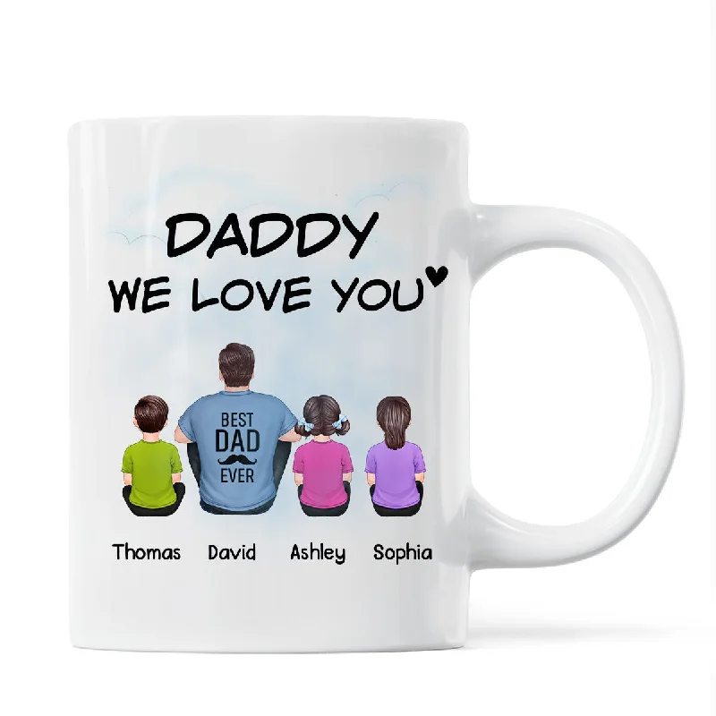 custom mugs for holiday gift baskets-Daddy We Love You Back View Man Sitting With Kids Dog Cat Personalized Mug