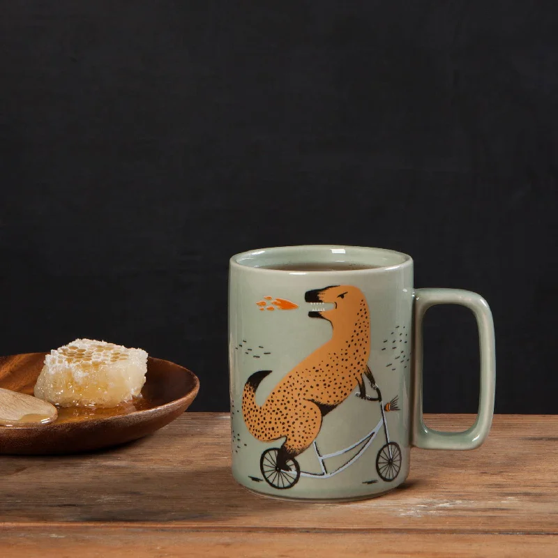 large custom mugs for family gifts-Wild Riders Ceramic Studio Mug | T-rex Dinosaur Coffee Tea Cup | 14 oz