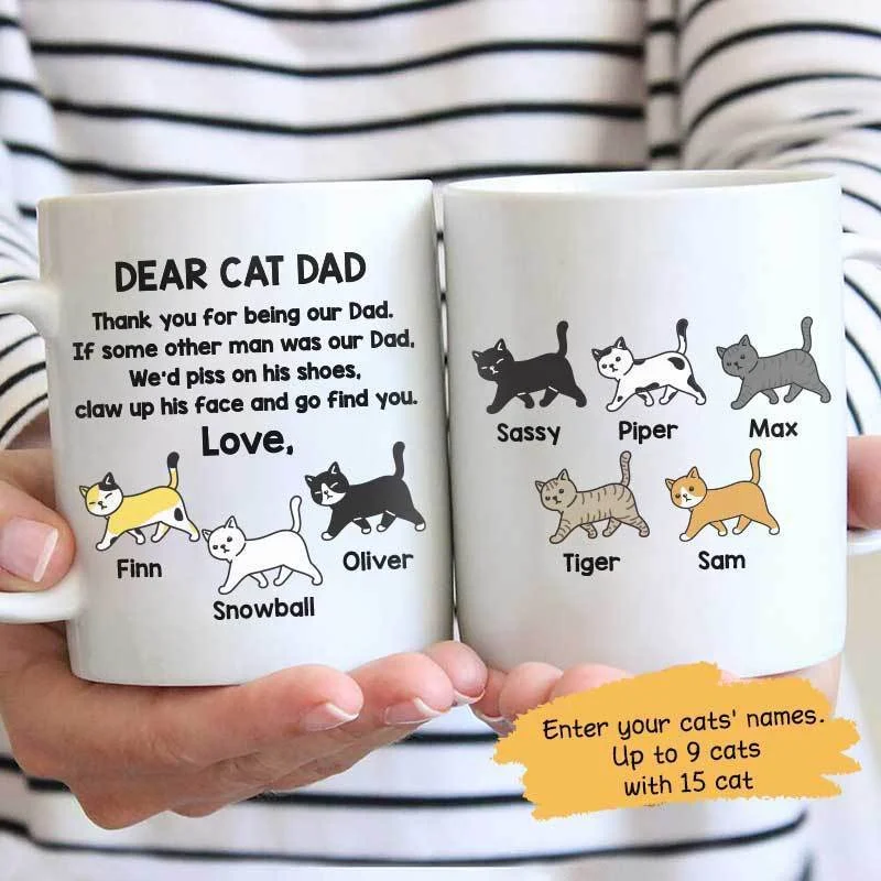 cute coffee mugs with holiday designs-Dear Cat Dad Personalized Mug [4-9 Cats]