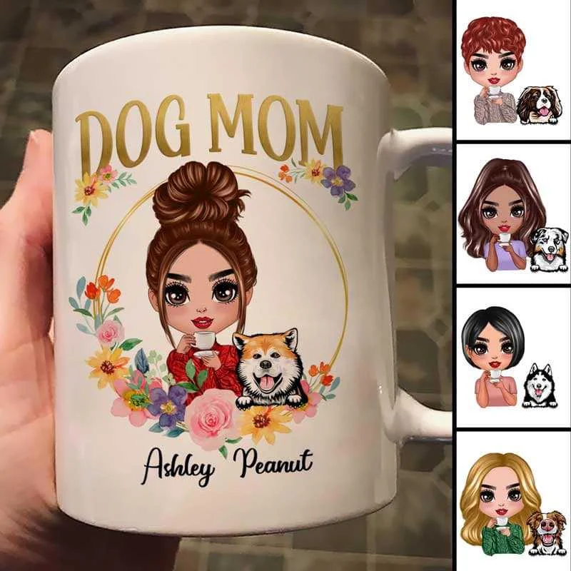 funny mugs for morning coffee routines-Dog Mom Floral Circle Gift Personalized Mug