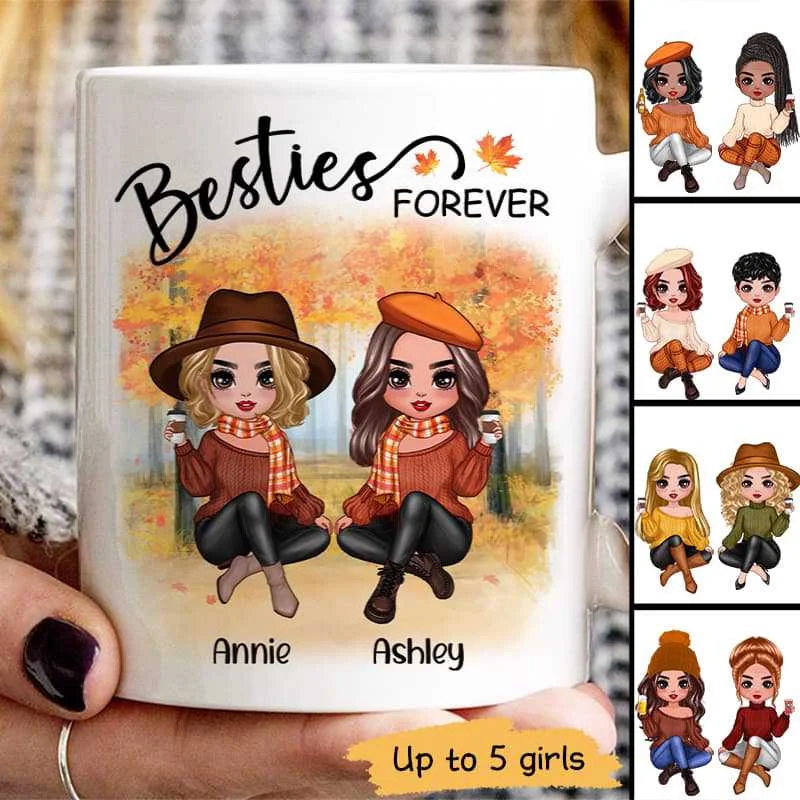 personalized ceramic coffee cups for home use-Doll Best Friends Besties Sitting Fall Season Personalized Mug (15oz)