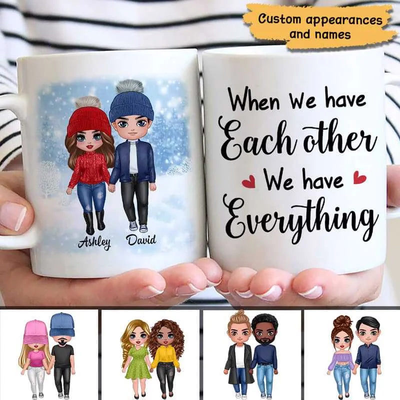 reusable coffee cups with fun designs-Doll Couple Standing Winter Gift For Him For Her Personalized Mug