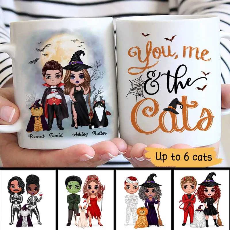 large ceramic mugs for coffee and tea lovers-Doll Couple You Me And The Cats Halloween Personalized Mug