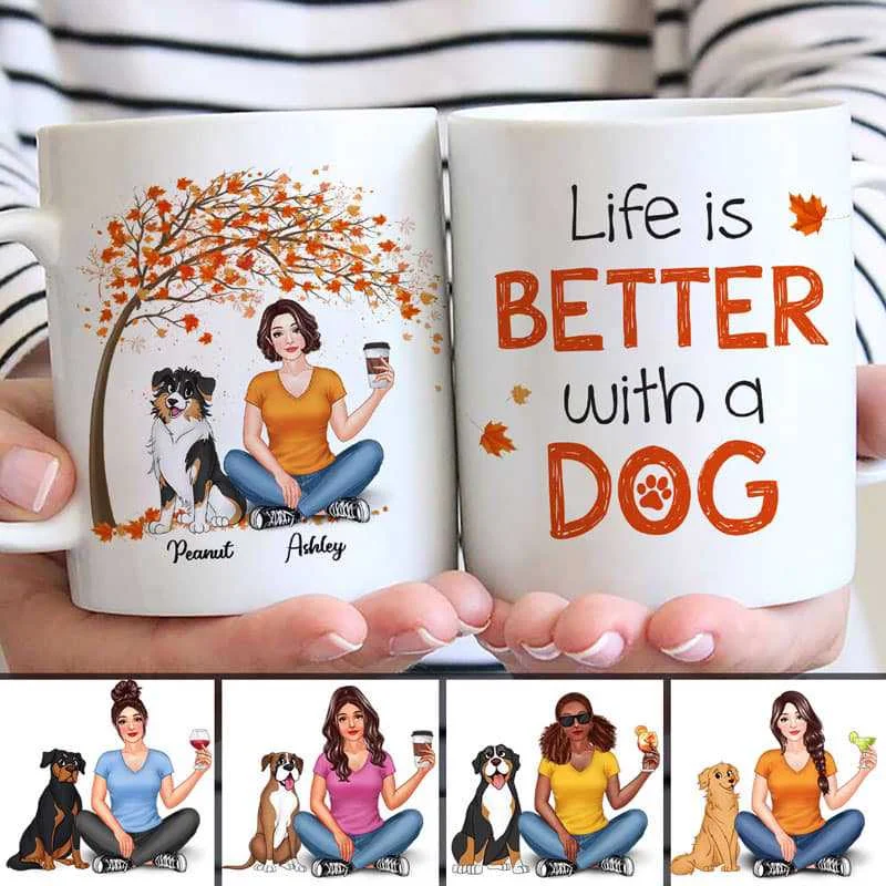 personalized mugs for family reunions-Fall Season Pretty Dog Mom & Cute Sitting Dog Personalized Mug