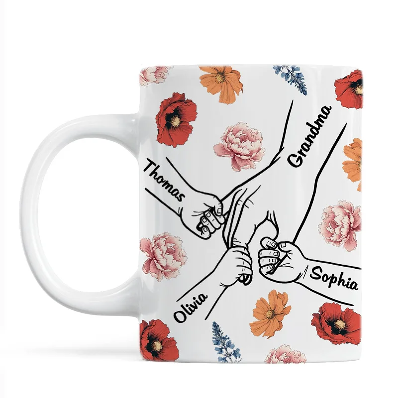 stylish coffee mugs for business gifts-Grandma Mom & Kids Holding Hands Birth Month Flowers Personalized Mug