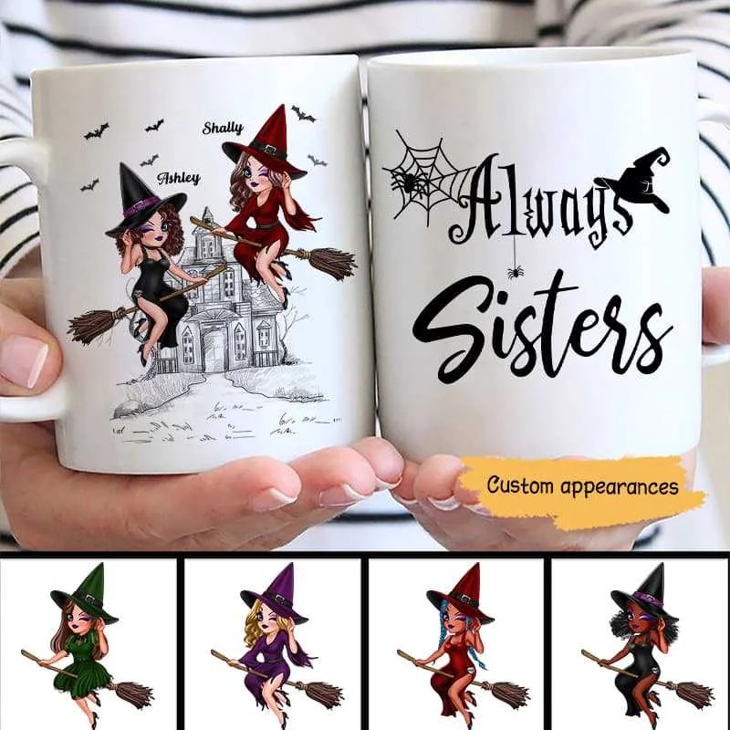 best coffee mugs for morning tea and coffee-Halloween Witches Besties Riding Broom Personalized Mug