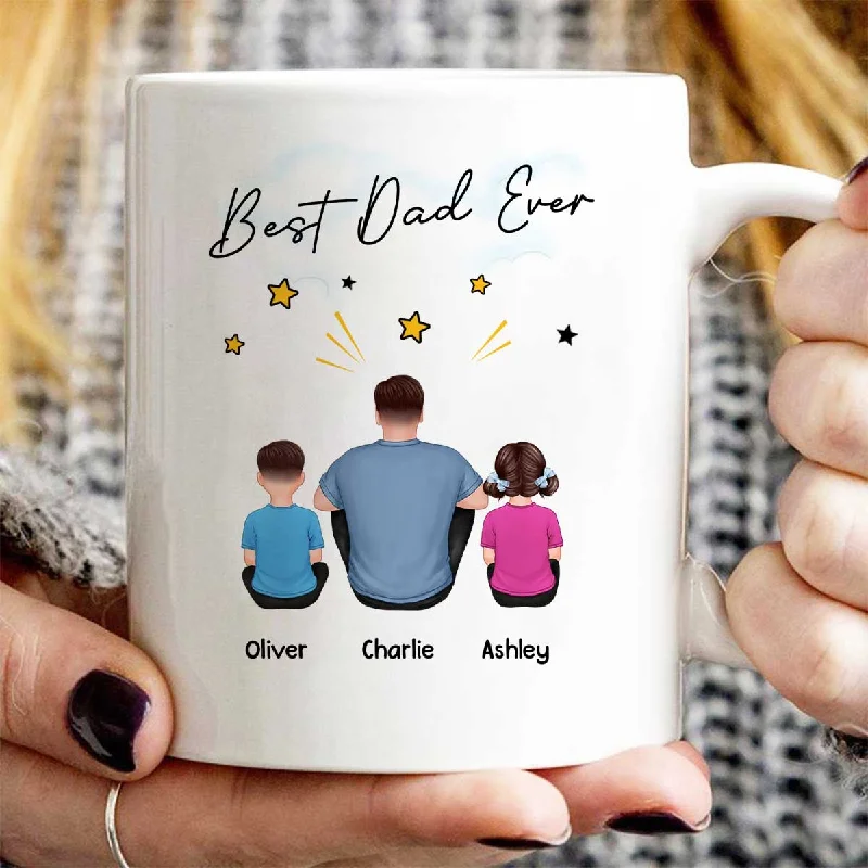 custom coffee cups with names for family gatherings-Happy Father‘s Day To Our Hero Back View Sitting Dad Kids Dog Cat Personalized Mug