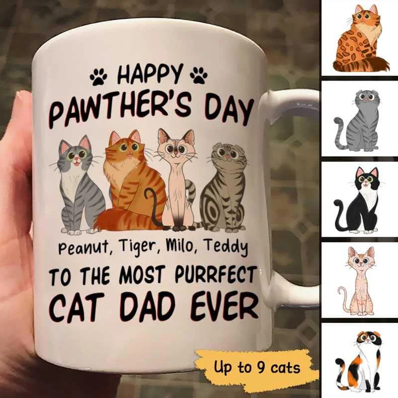 cute animal-shaped mugs for coffee lovers-Happy Pawther‘s Day Sitting Cartoon Cats Gift For Cat Dad Personalized Mug