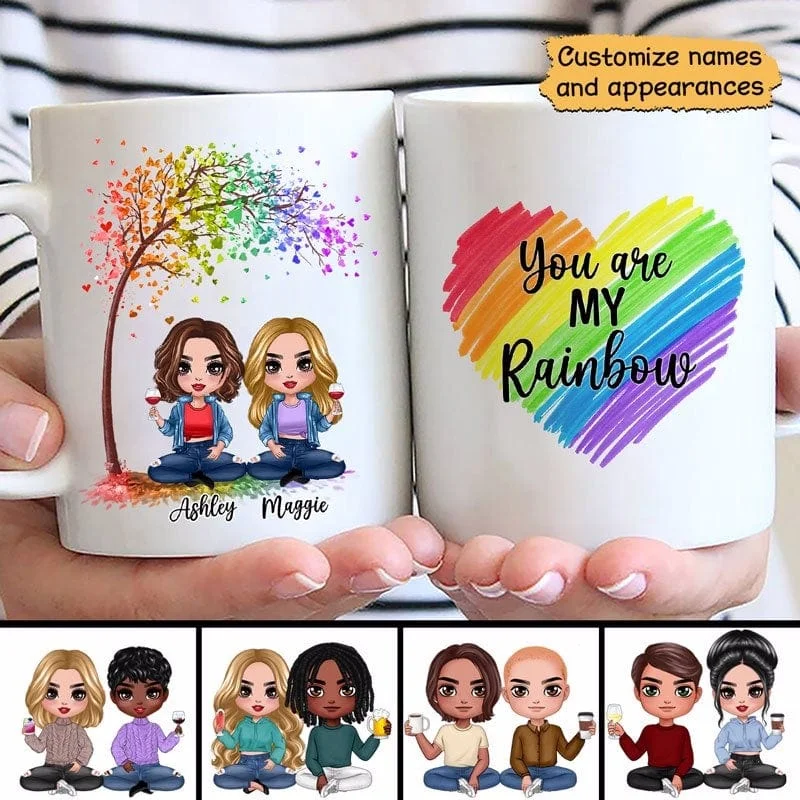 custom mugs for family gatherings and holidays-LGBT Doll Couple Under Tree Personalized Mug