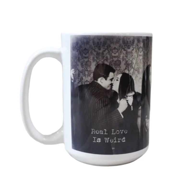 reusable coffee cups for tea drinkers-Real Love Is Weird Morticia and Gomez Hand Printed Ceramic Coffee Mug | The Addams Tea Cup | 15 oz