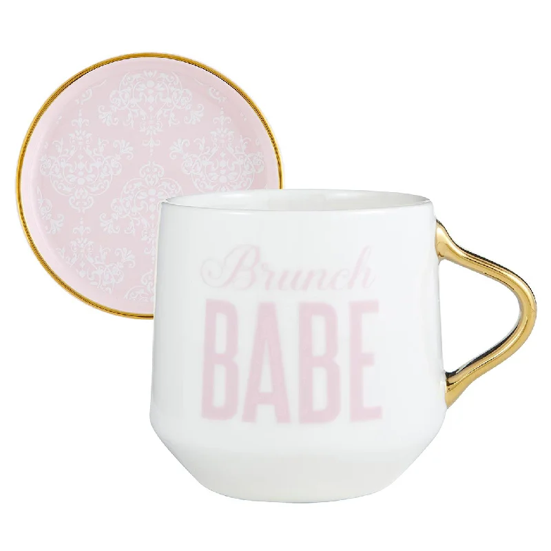 custom travel mugs with photos for business gifts-Brunch Babe Mug & Coaster Lid | Ceramic Coffee Tea Cup with Lid Gift Set