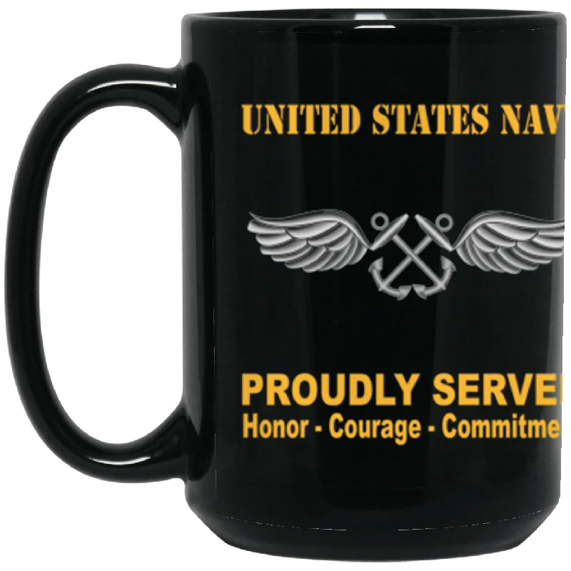 best coffee mugs for cold drinks on the go-US Navy Aviation Boatswain's Mate Navy AB Proudly Served Core Values 15 oz. Black Mug