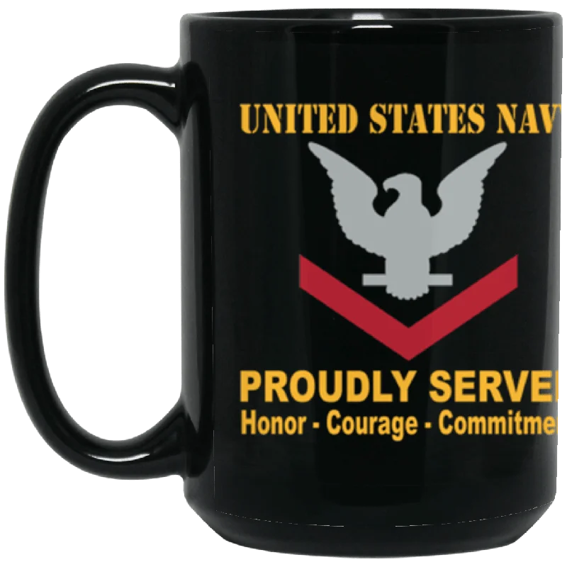 personalized ceramic mugs for holiday parties-US Navy E-4 Petty Officer Third Class E4 PO3 Collar Device Proudly Served Core Values 15 oz. Black Mug