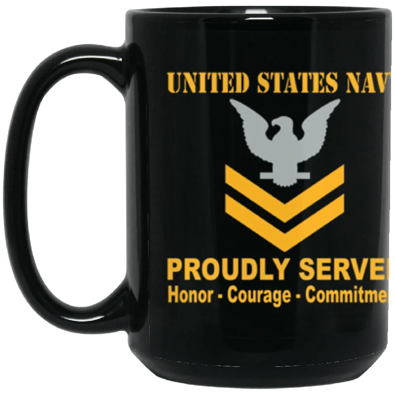 funny coffee cups for anniversary gifts-US Navy E-5 Petty Officer Second Class E5 PO2 Gold Stripe Collar Device Proudly Served Core Values 15 oz. Black Mug