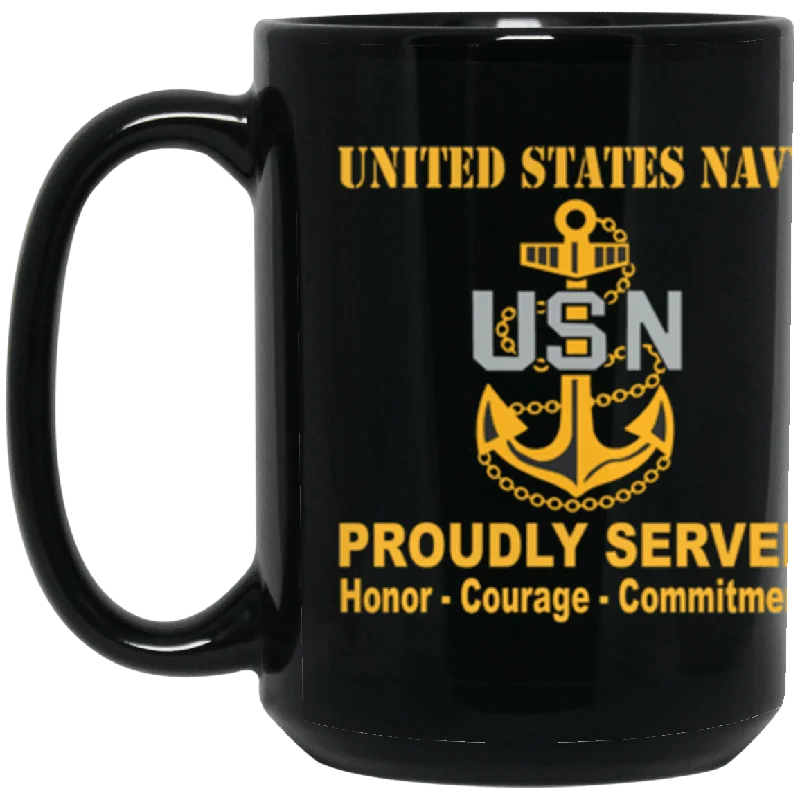 large coffee mugs with custom logos for businesses-US Navy E-7 Chief Petty Officer E7 CPO Senior Noncommissioned Officer Collar Device Proudly Served Core Values 15 oz. Black Mug