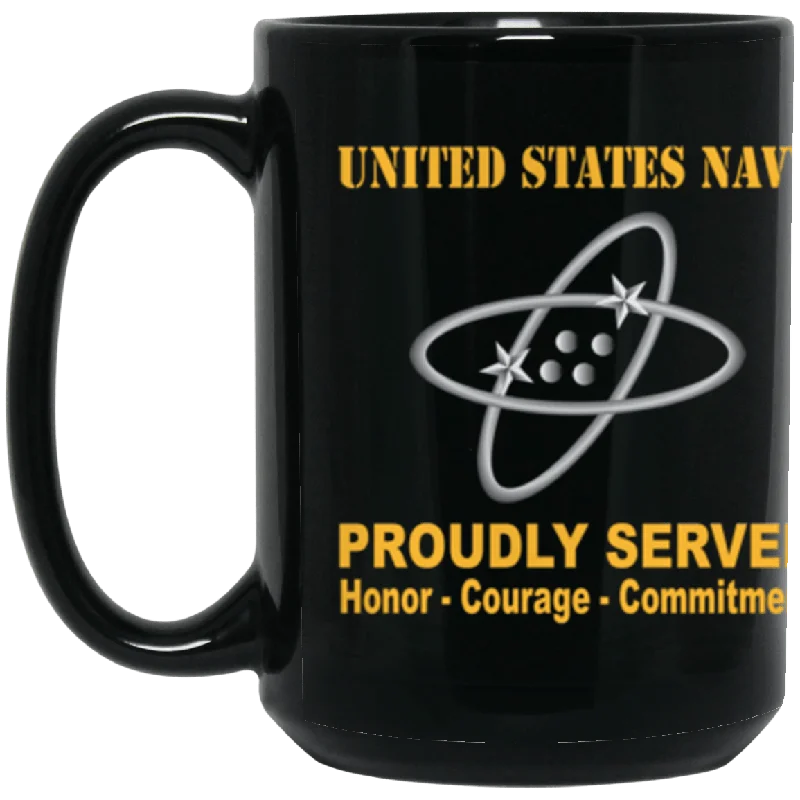 reusable coffee mugs with custom logos-US Navy Electronics technician Navy ET Proudly Served Core Values 15 oz. Black Mug