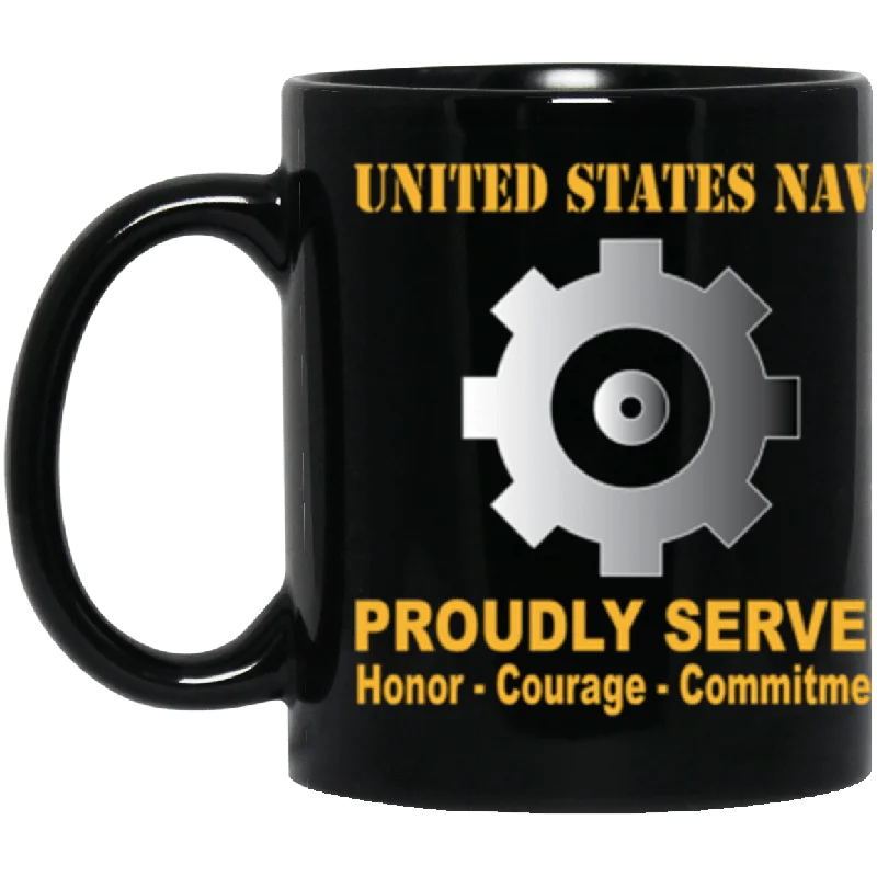 funny ceramic coffee mugs for friends-US Navy Engineman Navy EN Proudly Served Core Values 11 oz. Black Mug