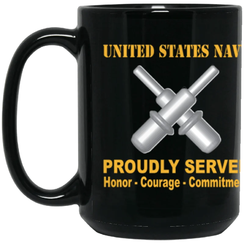 funny ceramic coffee mugs for friends-US Navy Gunner's mate Navy GM Proudly Served Core Values 15 oz. Black Mug