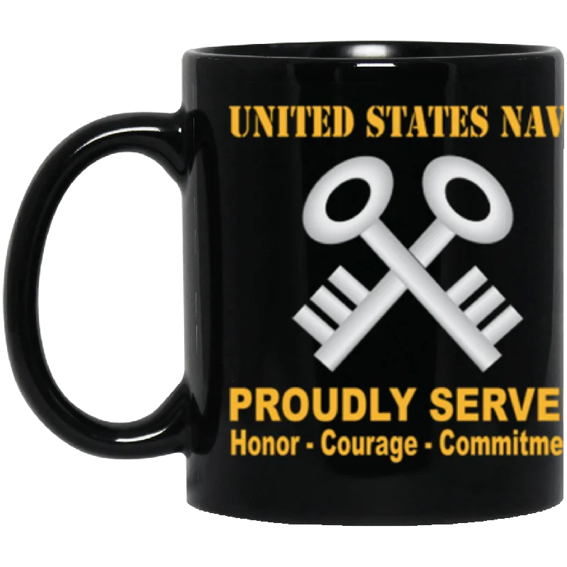 reusable coffee mugs with custom logos-US Navy Logistics specialist Navy LS Proudly Served Core Values 11 oz. Black Mug