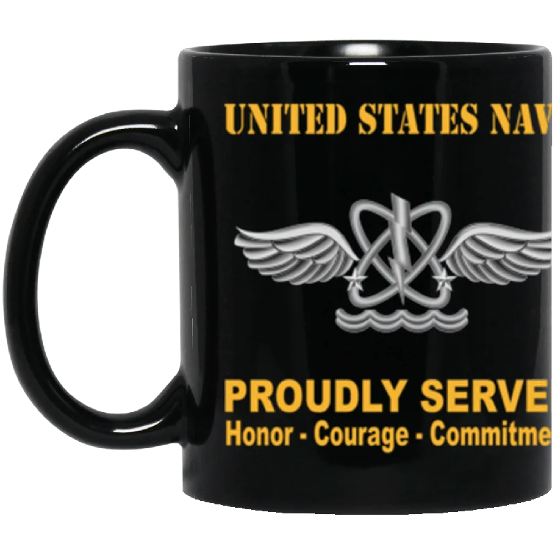 large ceramic coffee mugs for home office-US Navy Naval aircrewman Navy AW Proudly Served Core Values 11 oz. Black Mug