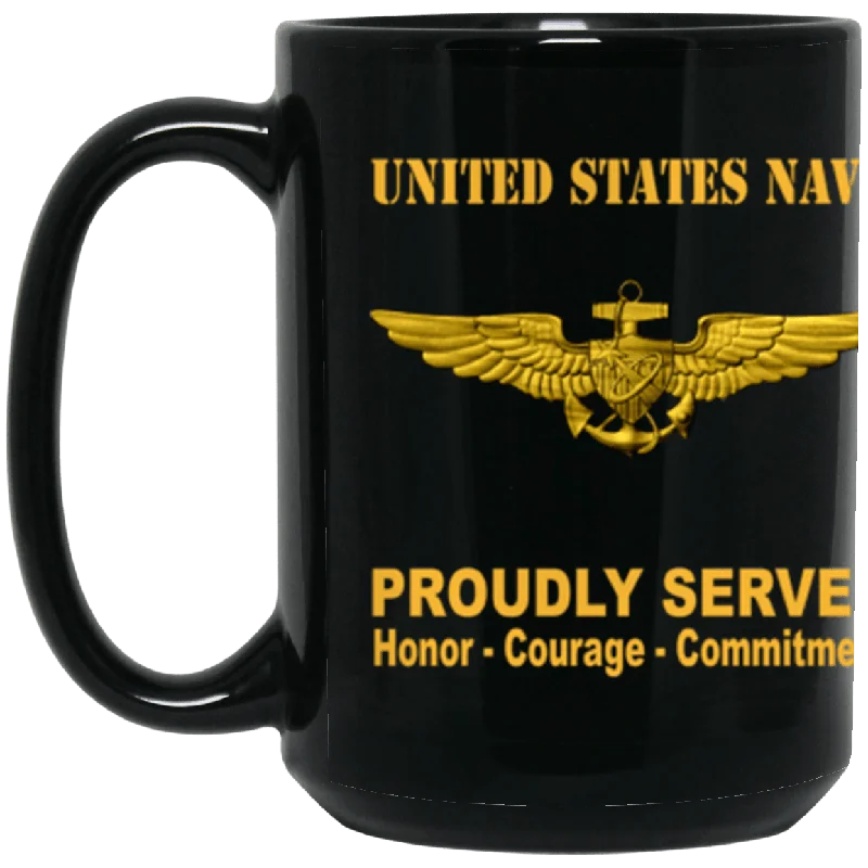 personalized mugs for family reunions-US Navy Naval Astronaut Badge Proudly Served Core Values 15 oz. Black Mug