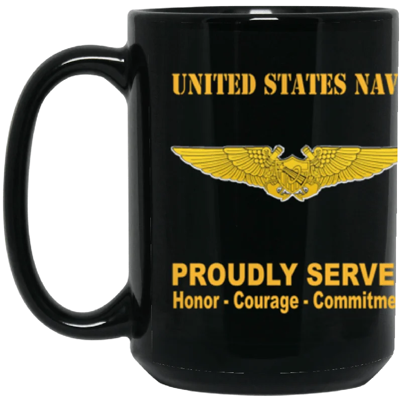 travel mugs with custom designs for marketing-US Navy Naval Astronaut Naval Flight Officer Badge Proudly Served Core Values 15 oz. Black Mug