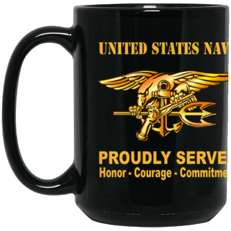 custom coffee mugs with logos for business-US Navy Naval Special Warfare (Seal) Badge Proudly Served Core Values 15 oz. Black Mug