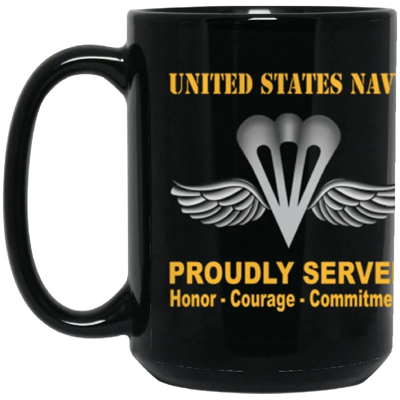 best mugs for serving hot chocolate-US Navy Navy Aircrew Survival Equipmentman Navy PR Proudly Served Core Values 15 oz. Black Mug