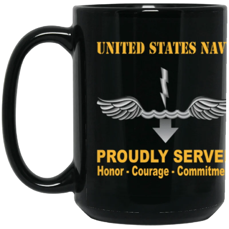 eco-friendly travel mugs with handles-US Navy Navy Antisubmarine Warfare Technician Navy AX Proudly Served Core Values 15 oz. Black Mug