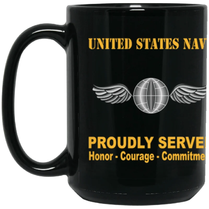 insulated coffee mugs for outdoor adventures-US Navy Navy Aviation Electronics Mate Navy AE Proudly Served Core Values 15 oz. Black Mug