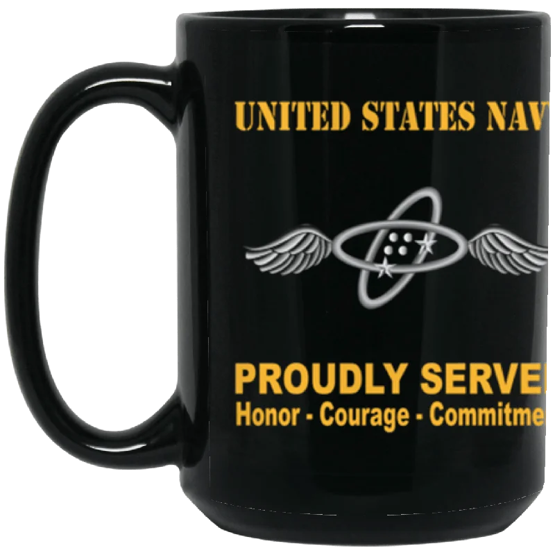 eco-friendly travel coffee mugs for commuters-US Navy Navy Aviation Electronics Technician Navy AT Proudly Served Core Values 15 oz. Black Mug