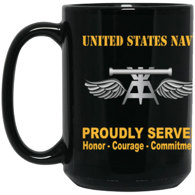 stylish coffee mugs with unique designs-US Navy Navy Aviation Fire Control Tech Navy AQ Proudly Served Core Values 15 oz. Black Mug