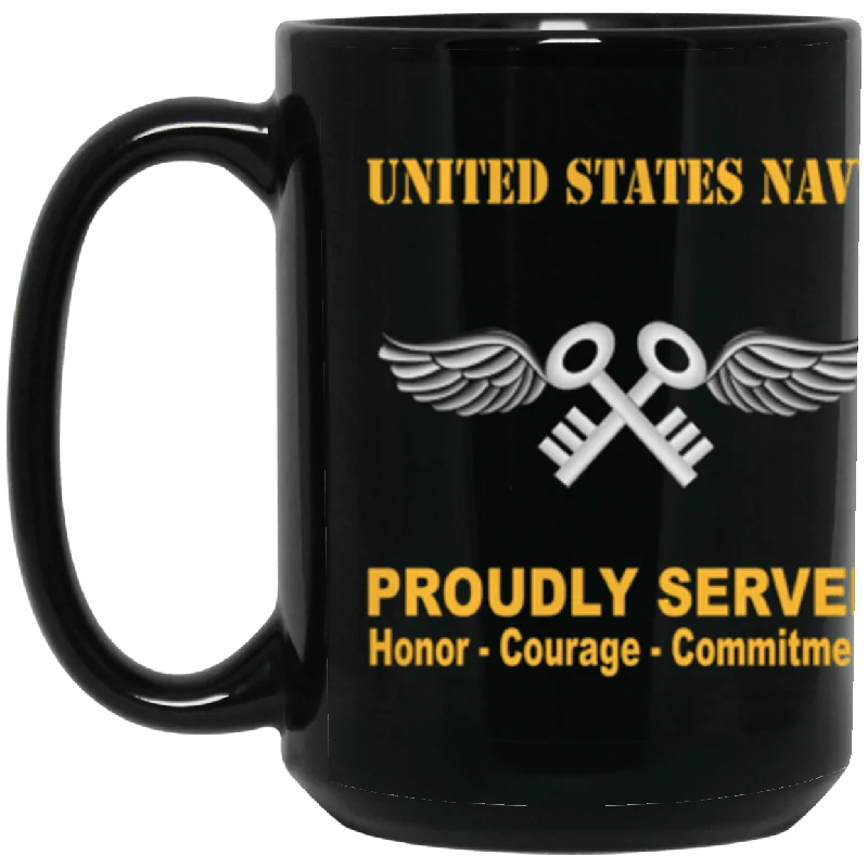 eco-friendly ceramic mugs with unique prints-US Navy Navy Aviation Storekeeper Navy AK Proudly Served Core Values 15 oz. Black Mug