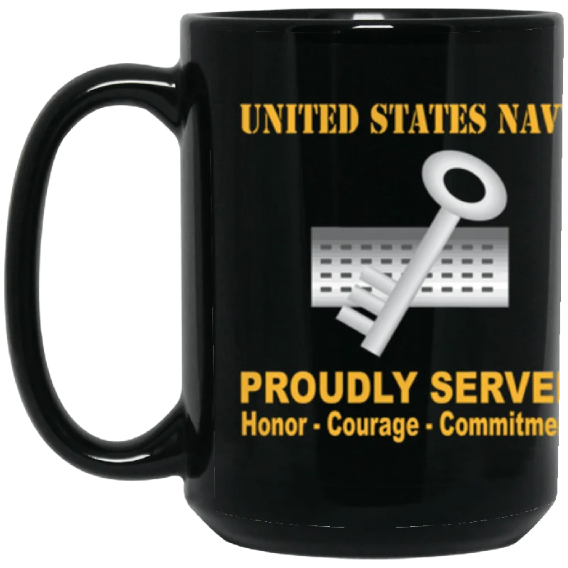 personalized coffee cups for corporate events-US Navy Navy Disbursing Clerk Navy DK Proudly Served Core Values 15 oz. Black Mug